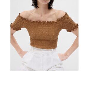 GAP Short Sleeve Smocked Top XL Stretch Caramel Coffee Brown Color NWT